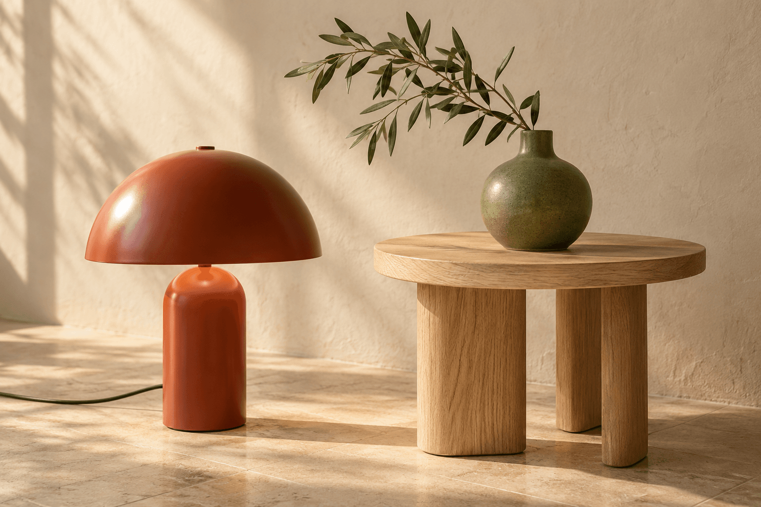 Terracotta, oak and olive green in a calm, sunlit space